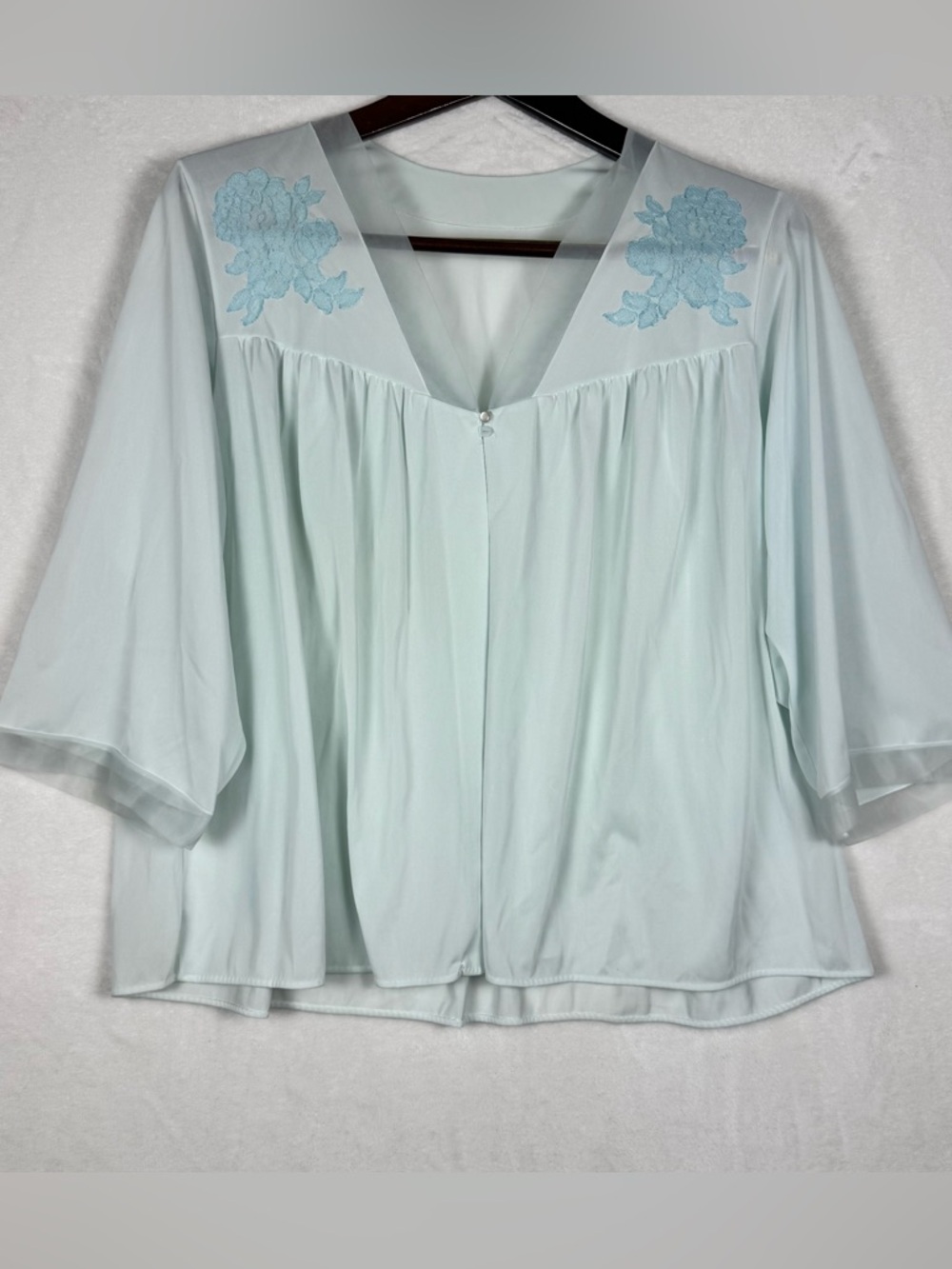Vintage 60s 70s Van Raalte Blue Nylon Bed Jacket Sheer Embroidered L